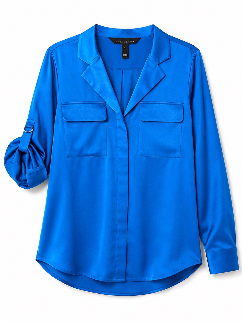 NWT WHBM Isla Blue Satin Utility Blouse Hidden Button Shirt - Large